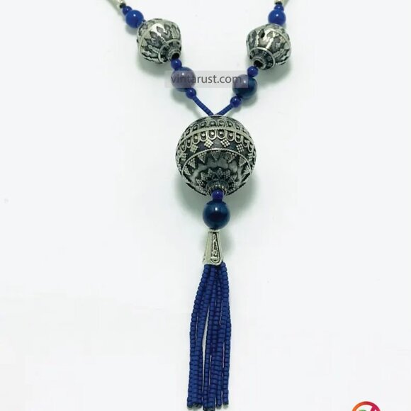 Blue Beaded Pendant Necklace with Silver Tribal Charms and Tassels - Picture 12 of 14